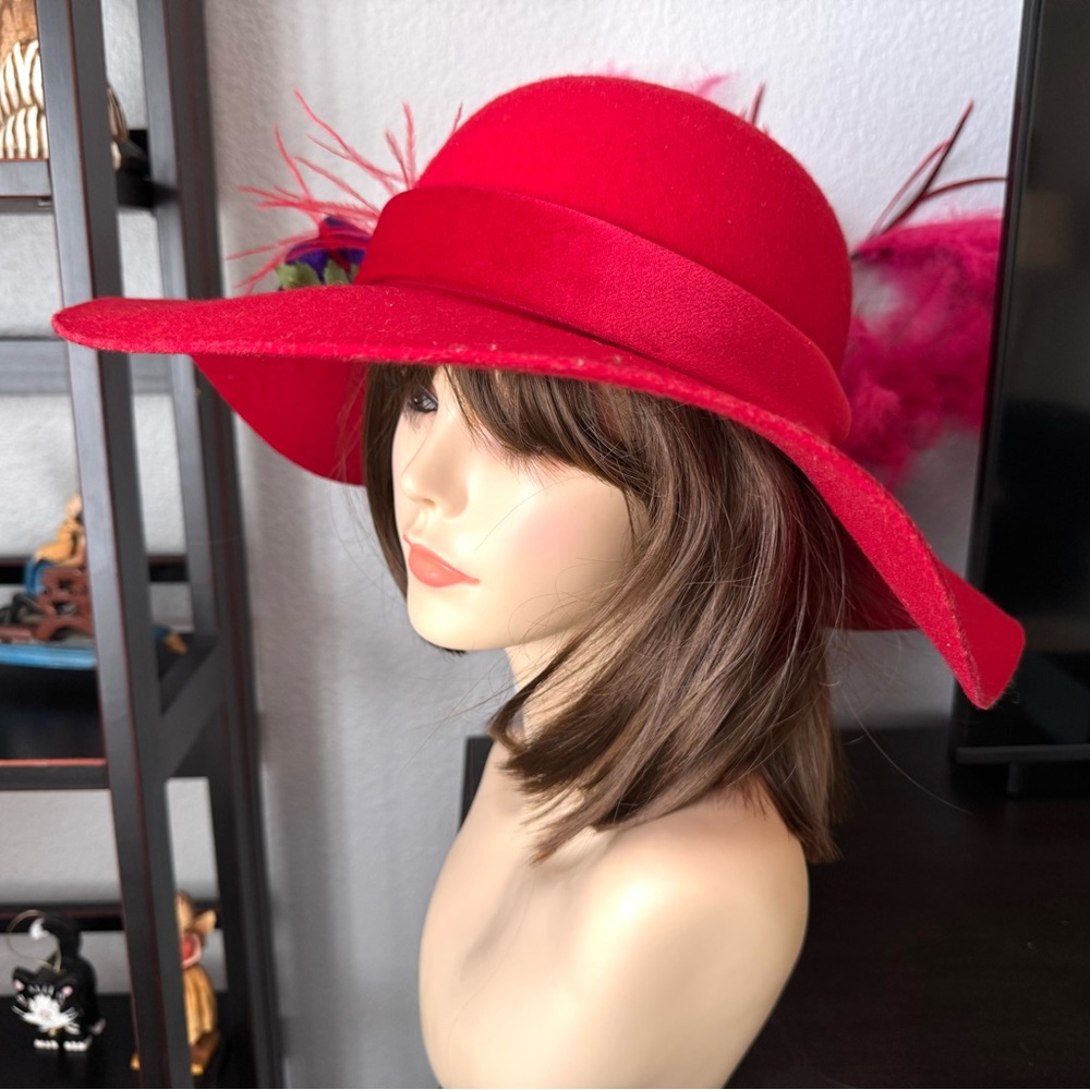 Red Wool Hat with Purple Flower and Feather - Picture 6 of 11